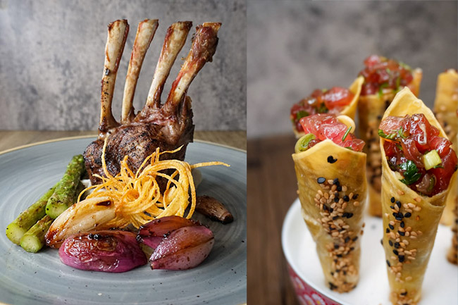 Private Chef Tenerife - Gourmet Rack of Lamb and Tuna Tartare Cones for Luxurious Dining A gourmet rack of lamb with roasted asparagus, caramelized shallots, and crispy onions, paired with sesame seed-studded tuna tartare cones, crafted by a private chef in Tenerife.
